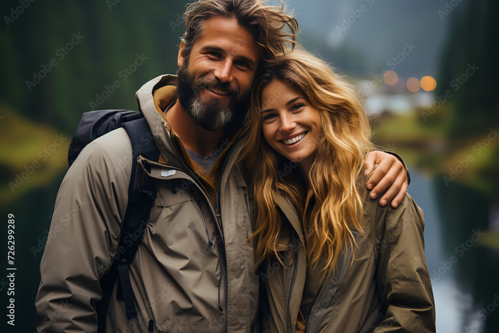 Adventurous couple enjoying a hike in the mountains