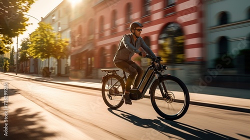 Dynamic image of a commuter cycling swiftly through an urban setting, reflecting a lifestyle of health and modern city life, ideal for environmental and urban design themes with copy space. photo