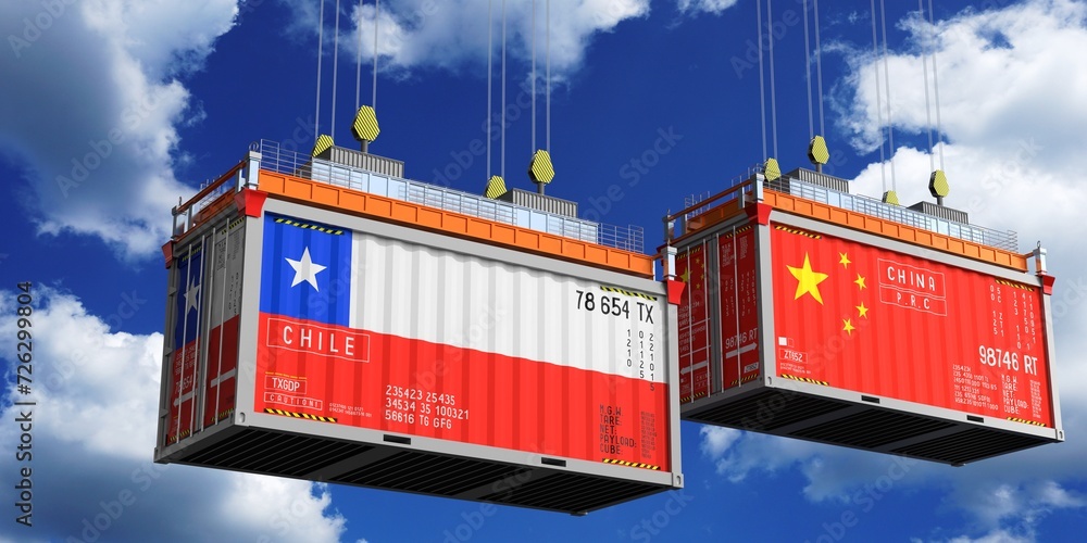 Shipping containers with flags of Chile and China - 3D illustration