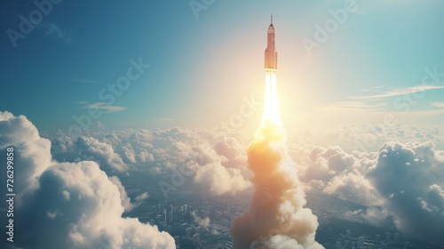 Rocket Launch, A sleek rocket blasts off from a bustling cityscape, leaving a trail of smoke and representing the explosive growth potential of innovative businesses