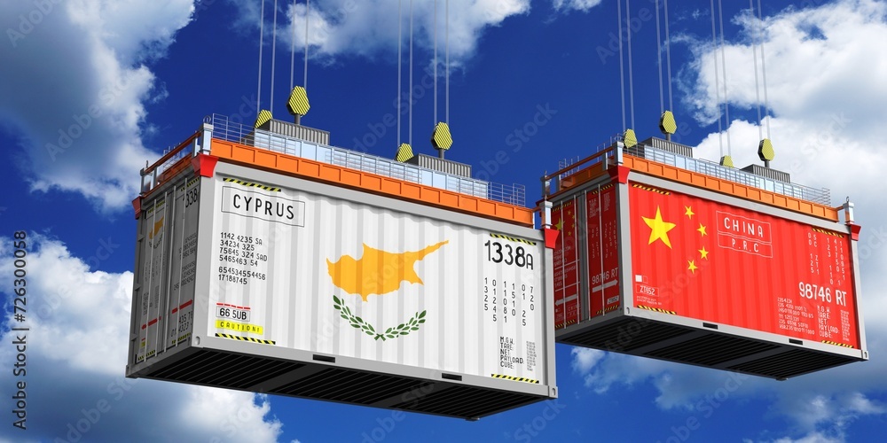 Shipping containers with flags of Cyprus and China - 3D illustration