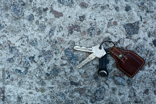 a bunch of keys with a keychain licks on a stone road. lost keys