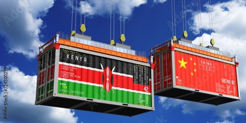 Photography Shipping containers with flags of Kenya and China - 3D illustration