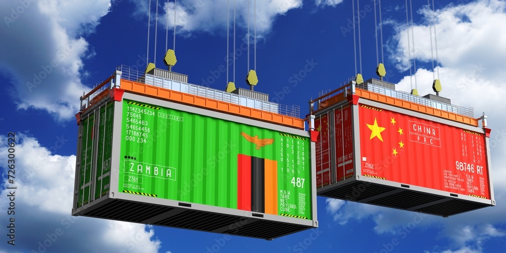 Shipping containers with flags of Zambia and China - 3D illustration