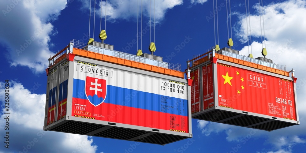 Shipping containers with flags of Slovakia and China - 3D illustration