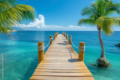 A wooden pier extending into the ocean, lined with palm trees. © Nim
