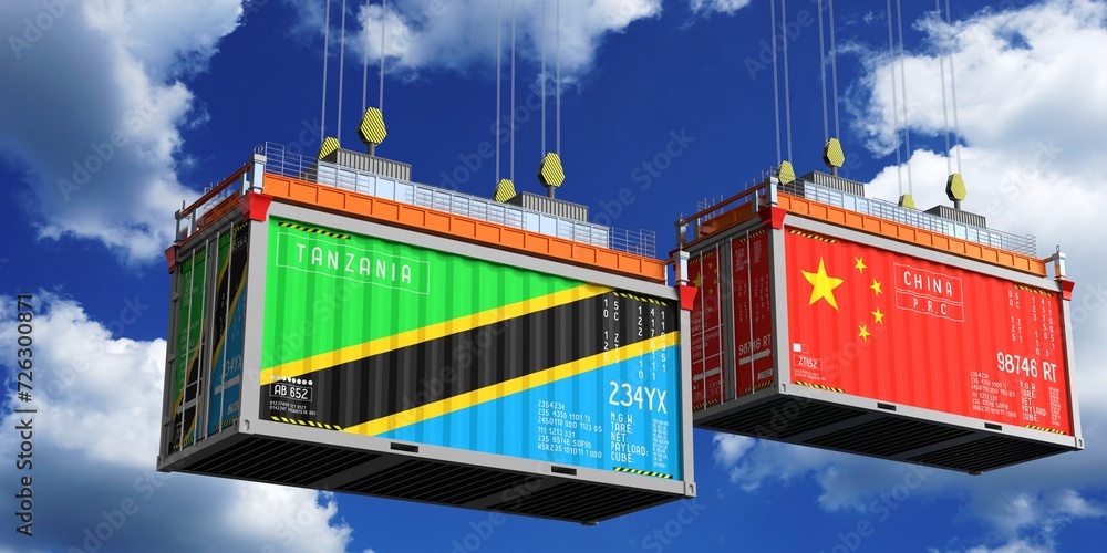 Shipping containers with flags of Tanzania and China - 3D illustration