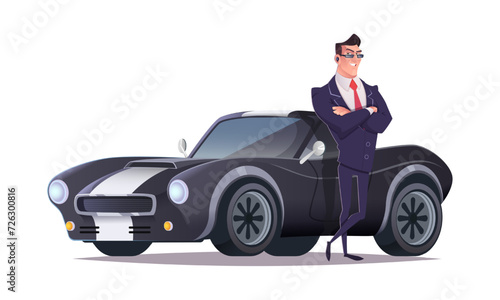 Elegant Spy special secret agent cartoon character standing next to the car