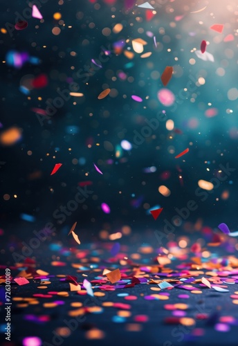 Colorful confetti falling on dark background. Fun party concept.