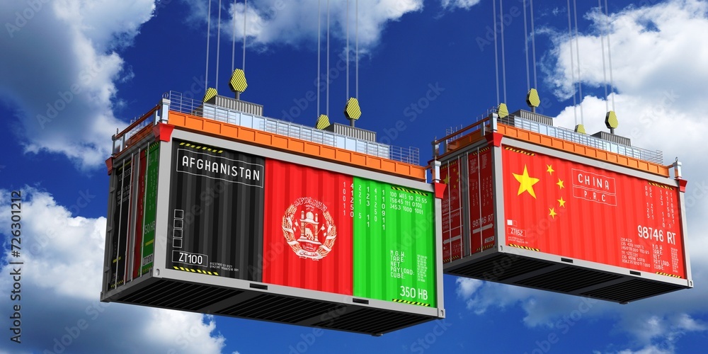 Shipping containers with flags of Afghanistan and China - 3D illustration