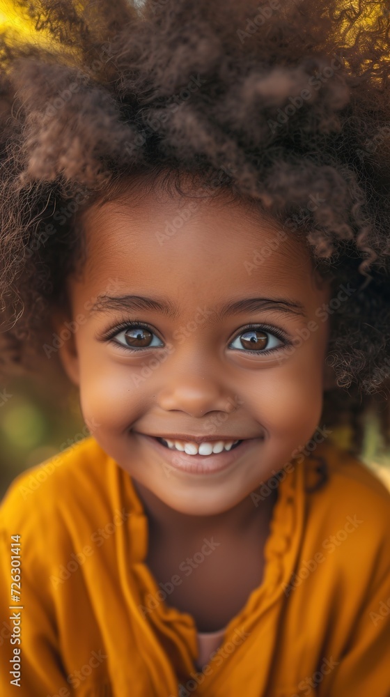black charming young girl with joyful smile and hair in playful puffs, child's delight, blurred urban background, youth apparel and family moments concept black charming young girl with joyful smile and hair in playful puffs, child's delight, blurred urban background, youth apparel and family moments concept
