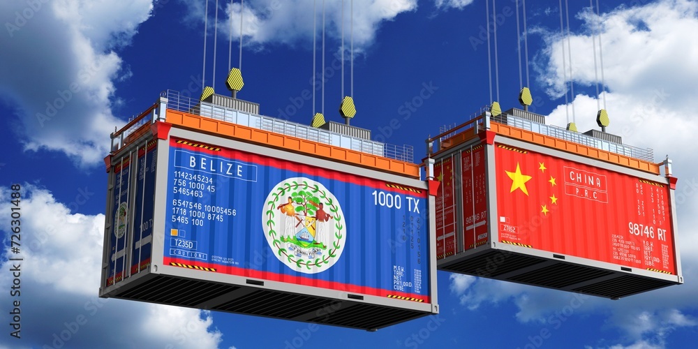 Shipping containers with flags of Belize and China - 3D illustration