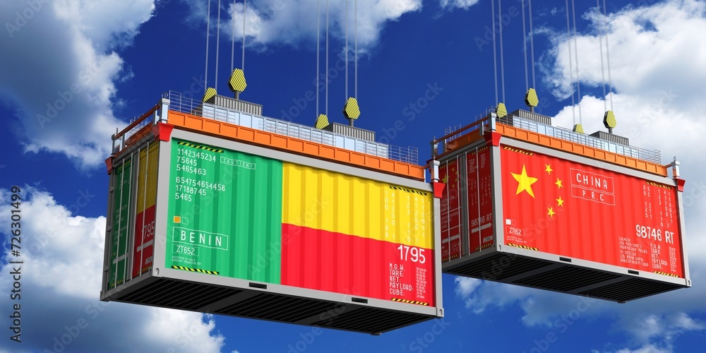 Shipping containers with flags of Benin and China - 3D illustration