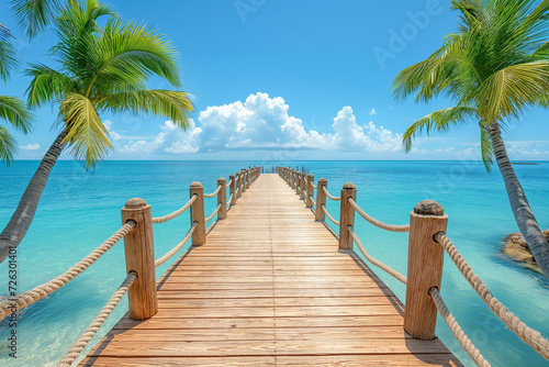 A wooden pier extending into the ocean, lined with palm trees.