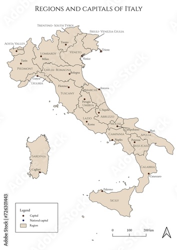 Political map of regions and capitals of Italy- mapped in an antique and rustic style