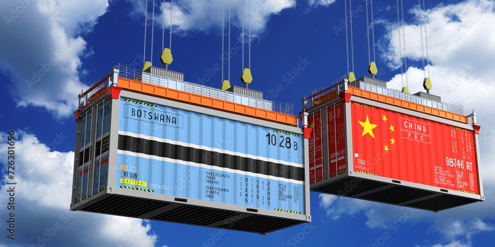 Shipping containers with flags of Botswana and China - 3D illustration
