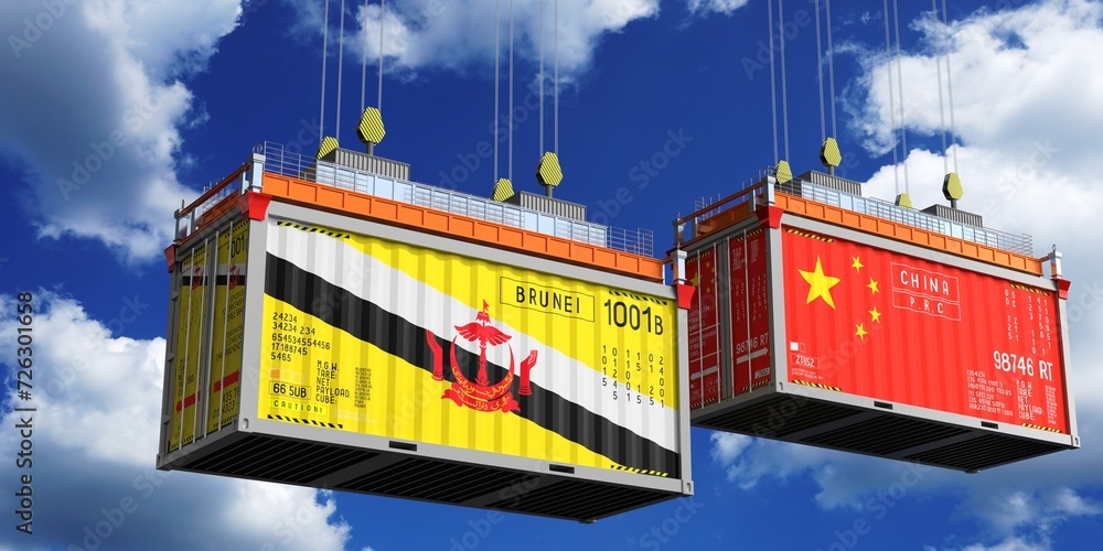 Shipping containers with flags of Brunei and China - 3D illustration