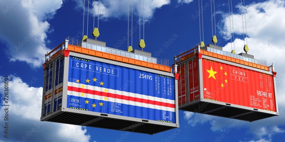 Shipping containers with flags of Cape Verde and China - 3D illustration