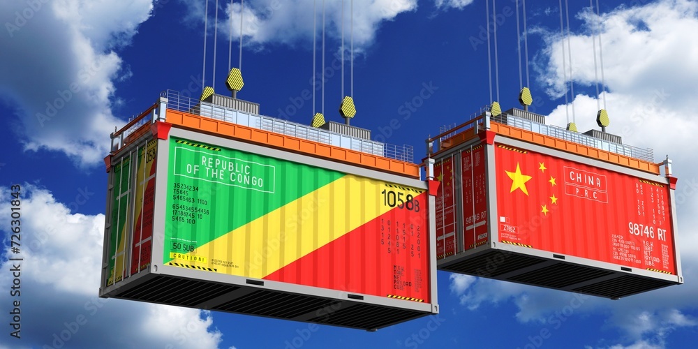 Shipping containers with flags of Congo and China - 3D illustration