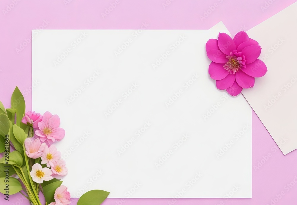 Blank pink paper with colorful flowers on white Blank pink paper with colorful flowers on white