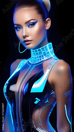 A girl in a swimsuit made of halographic neon fabric. Girl from the future. photo