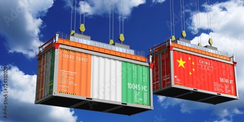 Shipping containers with flags of Ivory Coast and China - 3D illustration