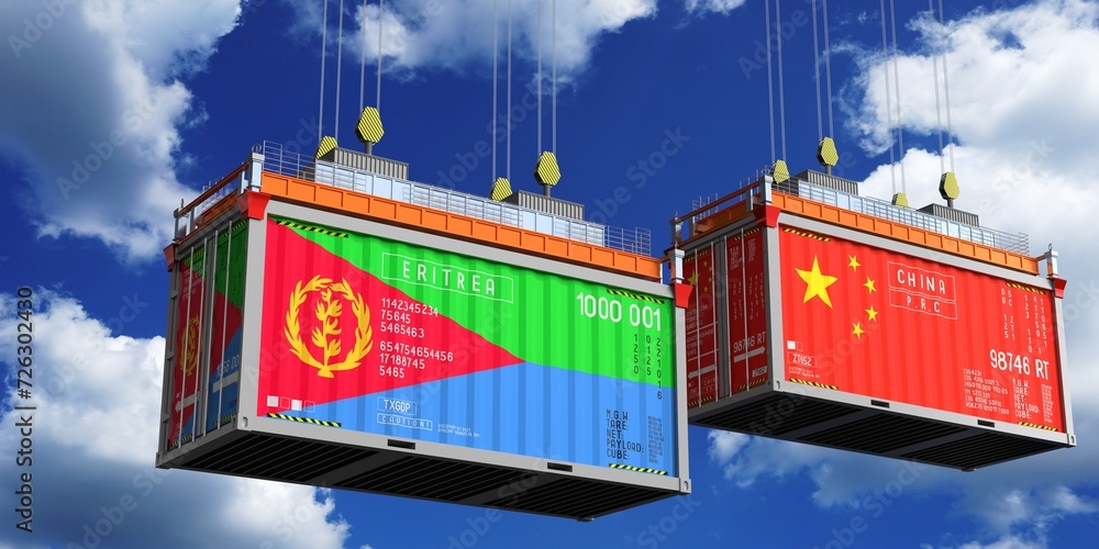 Shipping containers with flags of Eritrea and China - 3D illustration