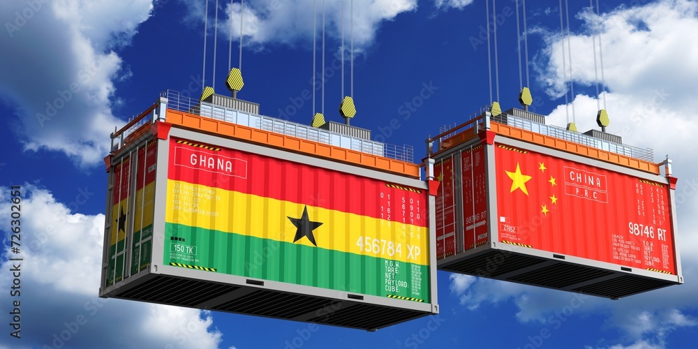 Shipping containers with flags of Ghana and China - 3D illustration