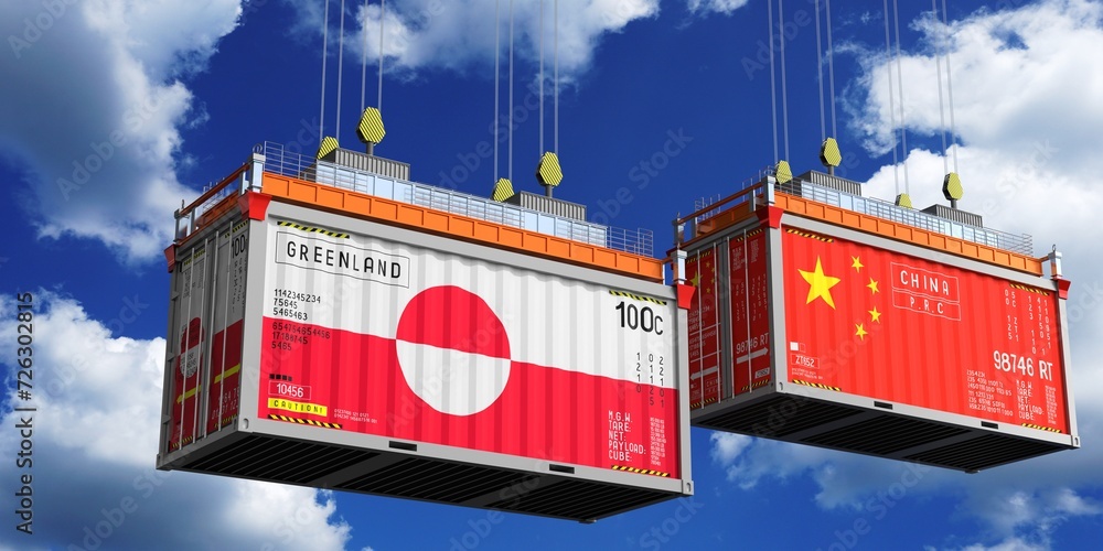 Shipping containers with flags of Greenland and China - 3D illustration