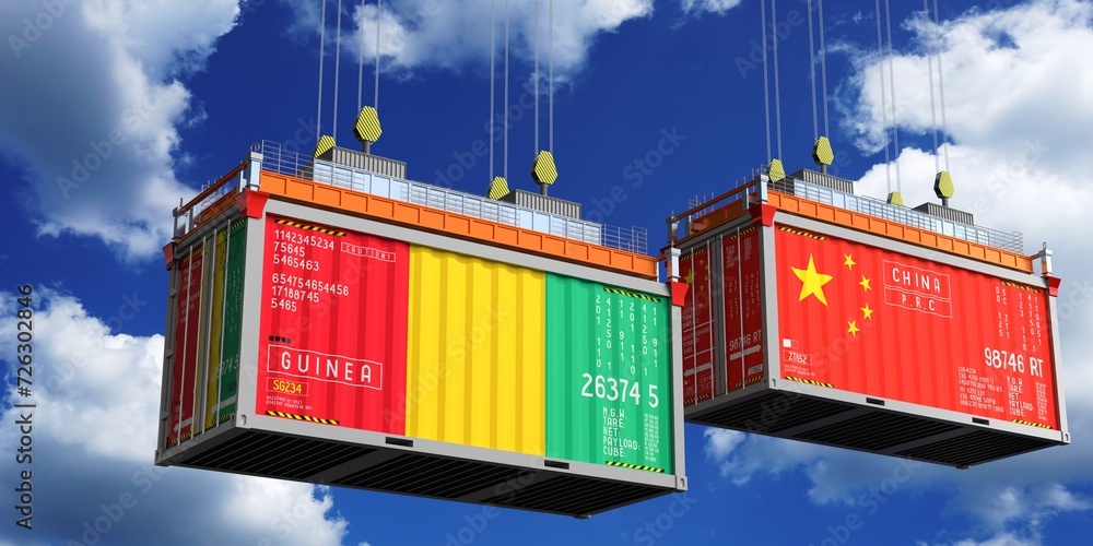Shipping containers with flags of Guinea and China - 3D illustration