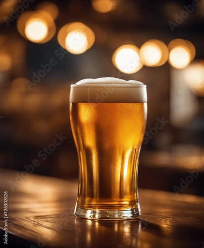 Chilled glass of light beer on wooden table and blurred copper brewing system at the background