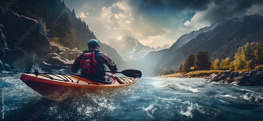 Kayaking down a rapid river in white water ,  mountainous vistas , trees , mountains , rocks   - obrazy, fototapety, plakaty 
