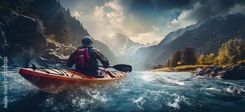 Kayaking down a rapid river in white water ,  mountainous vistas , trees , mountains , rocks   photo