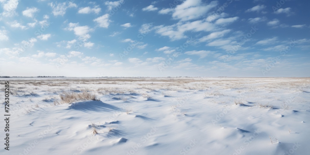 Snow covered rural landscape with bright sunlight and fluffy clouds in blue sky.