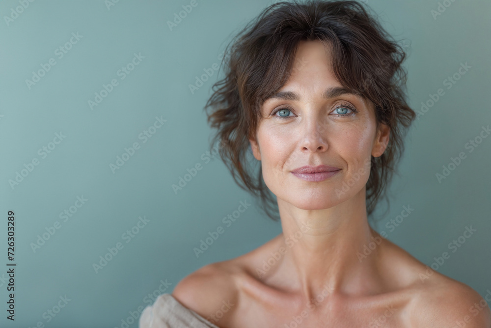 Attractive woman 50s years, isolated on plain blue background studio portrait. People lifestyle concept Attractive woman 50s years, isolated on plain blue background studio portrait. People lifestyle concept