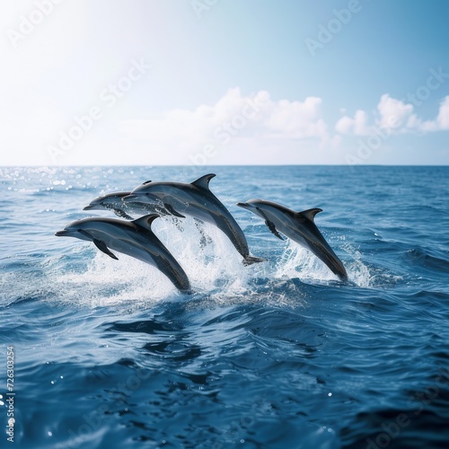 Ocean Acrobats: Playful Dolphins Leaping Over Sea Waves © Franklin