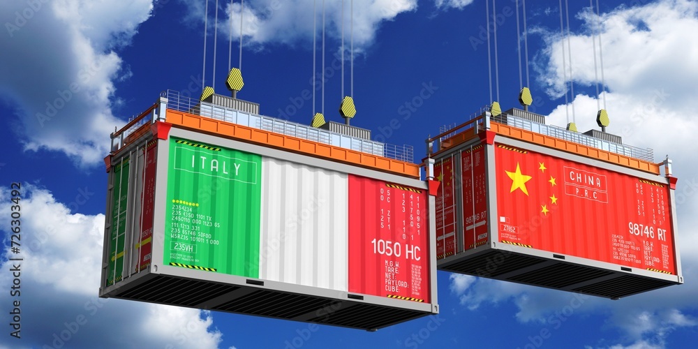 Shipping containers with flags of Italy and China - 3D illustration Shipping containers with flags of Italy and China - 3D illustration