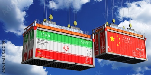 Shipping containers with flags of Iran and China - 3D illustration