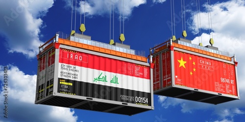 Shipping containers with flags of Iraq and China - 3D illustration