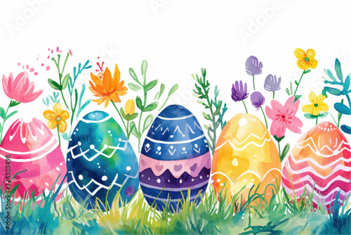 Easter basket with eggs and bunny decorated with flowers. Happy easter