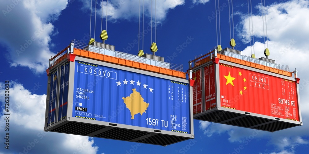 Shipping containers with flags of Kosovo and China - 3D illustration