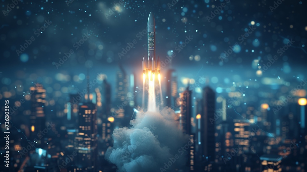 Rocket Launch, A sleek rocket blasts off from a bustling cityscape, leaving a trail of smoke and representing the explosive growth potential of innovative businesses Rocket Launch, A sleek rocket blasts off from a bustling cityscape, leaving a trail of smoke and representing the explosive growth potential of innovative businesses