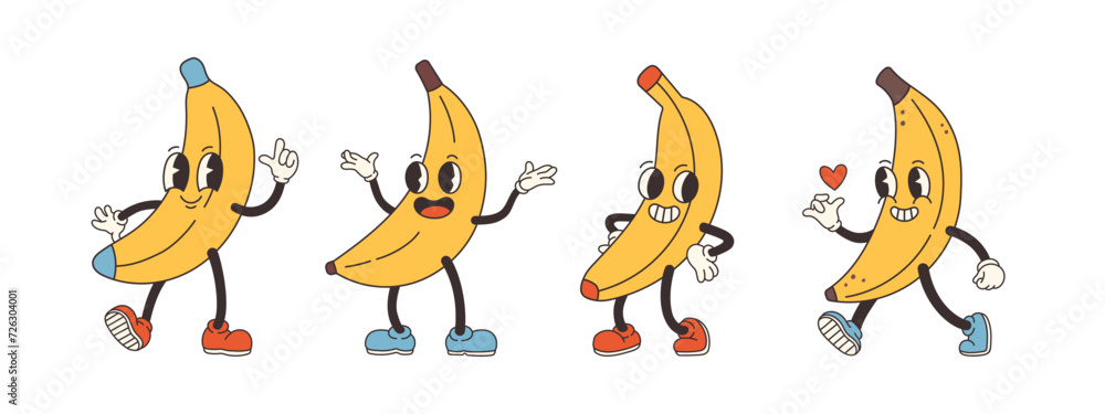 Fototapeta premium Groovy banana set. Hand draw Funny Retro vintage trendy style banana cartoon character. Doodle Comic collection