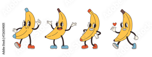 Groovy banana set. Hand draw Funny Retro vintage trendy style banana cartoon character. Doodle Comic collection