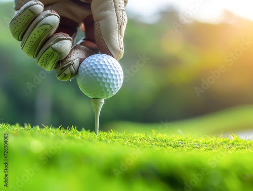 Hand in golf glove putting golf ball on tee in golf course for healthy sport.