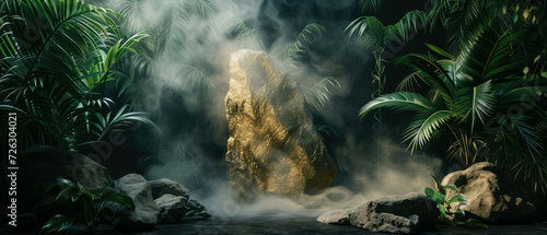 Big stone with gold  steam  on dark jungle tropical leaves background. Mock up  display for product presentation. Lights  shadows effect. Generative AI