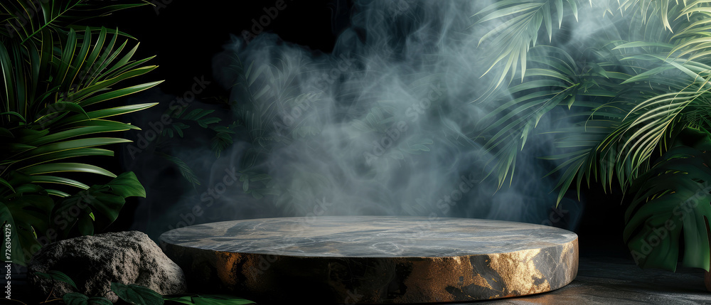 Stone platform, podium with gold, steam or smoke, on dark jungle tropical leaves background. Layout, display for product presentation. Lights, shadows effect. Generative AI Stone platform, podium with gold, steam or smoke, on dark jungle tropical leaves background. Layout, display for product presentation. Lights, shadows effect. Generative AI