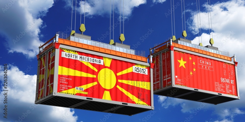 Shipping containers with flags of North Macedonia and China - 3D illustration Shipping containers with flags of North Macedonia and China - 3D illustration