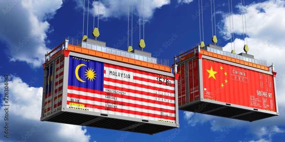 Shipping containers with flags of Malaysia and China - 3D illustration