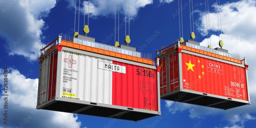 Shipping containers with flags of Malta and China 3D illustration